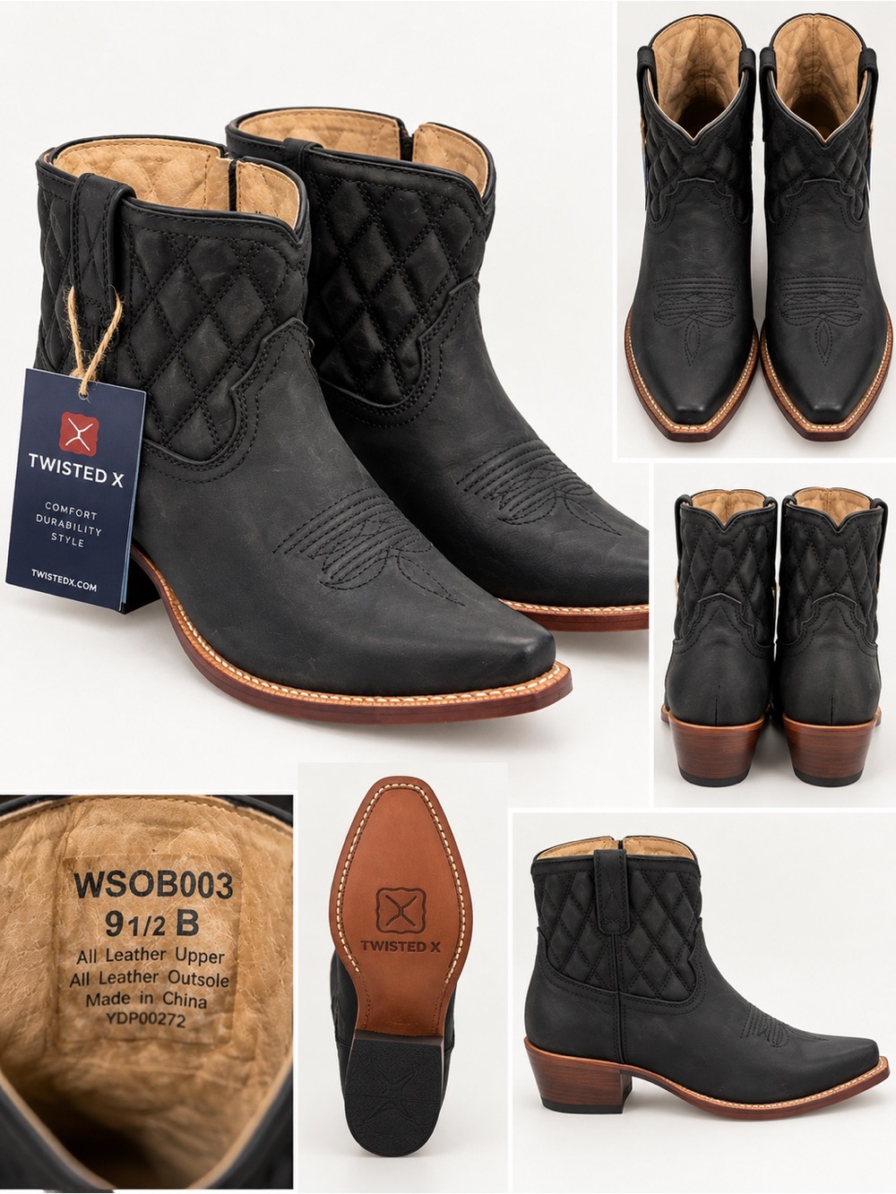 Twisted X Black Quilted Leather Western Ankle Boots with Brown Sole
